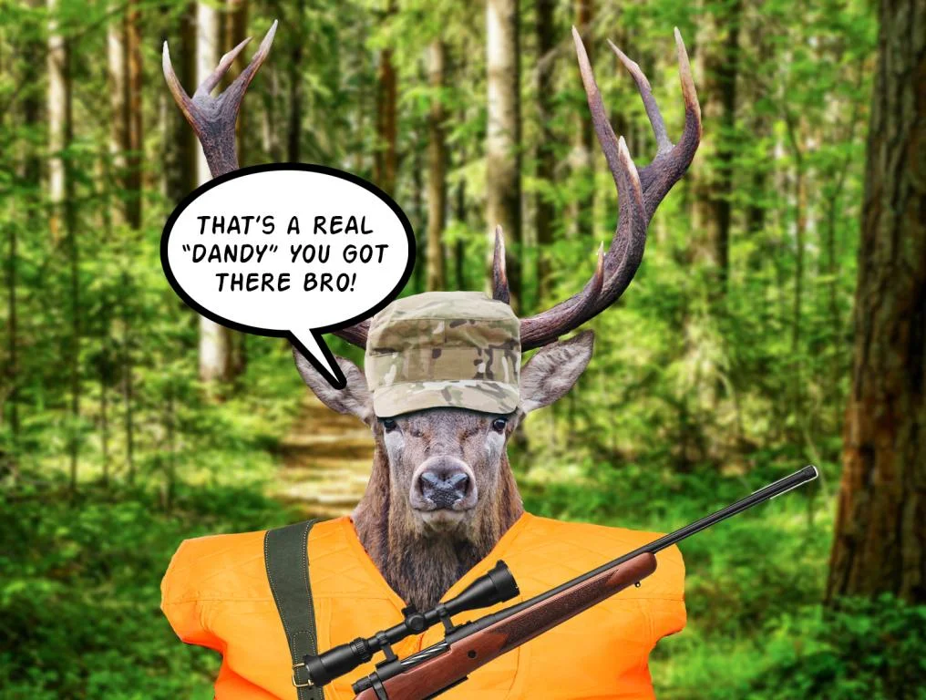 Illustrated deer wearing blaze orange hunting clothing