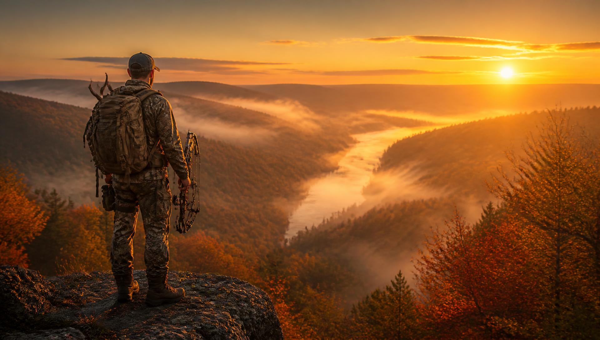 Hunter at sunrise overlooking a misty river valley