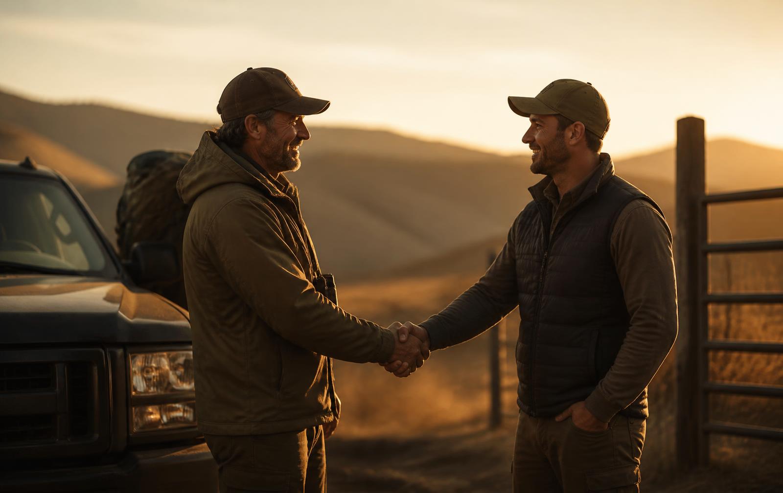 An outfitter and a brand partner shaking hands at a ranch gate at sunset
